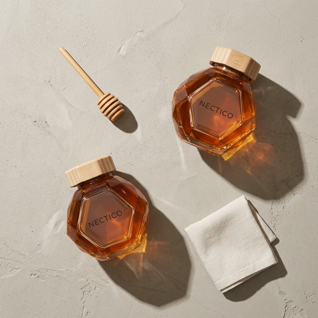 Two NECTICO honey jars with bamboo lids and honey dipper