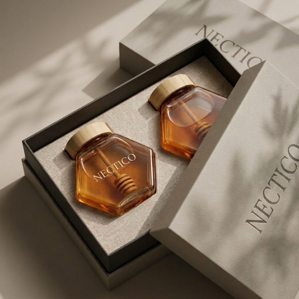 NECTICO gift box half-open showing two honey jars in linen tray