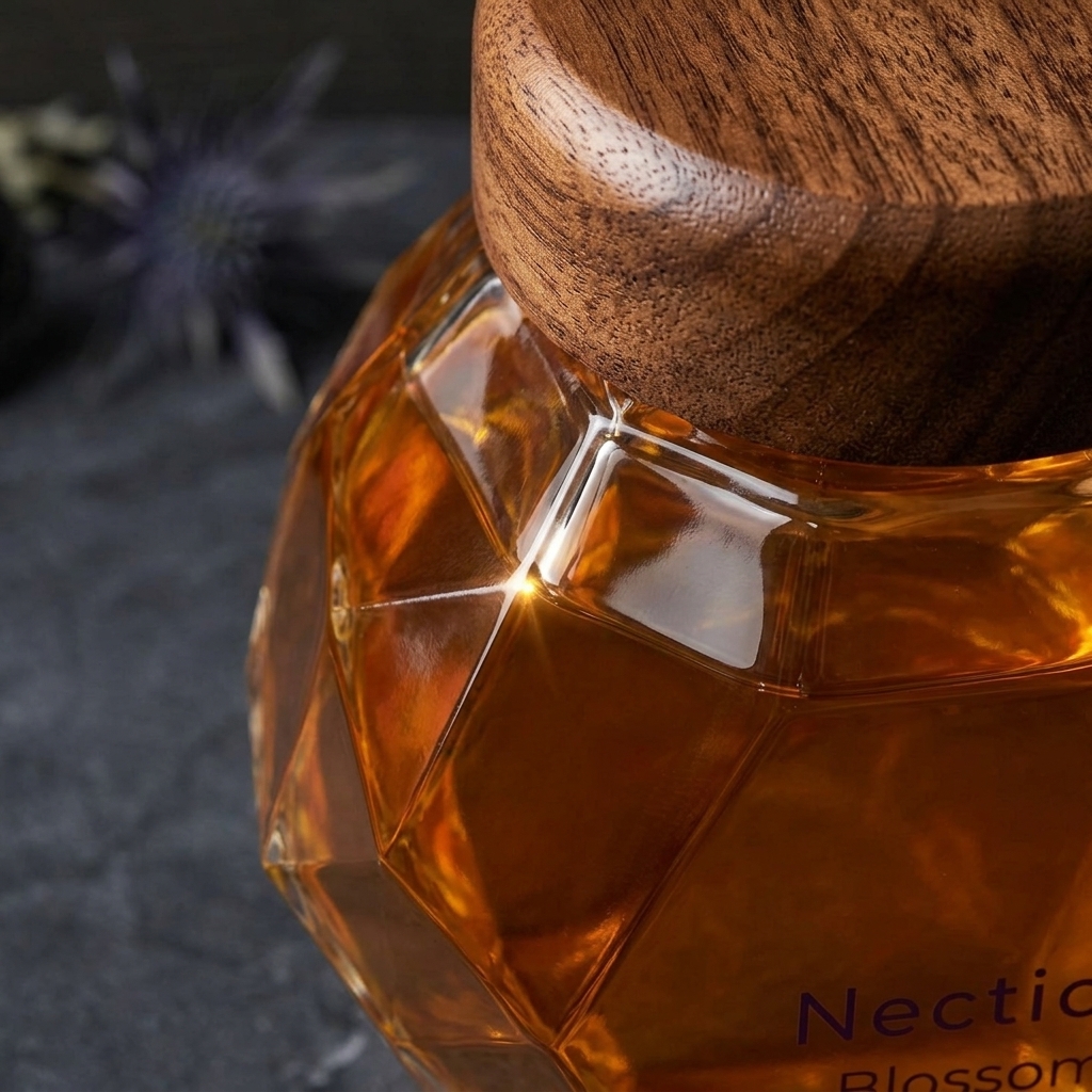 NECTICO Blossom honey jar close-up with walnut wood lid