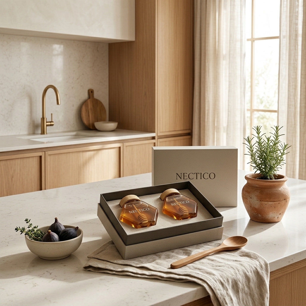 NECTICO gift box open on kitchen counter with figs and rosemary