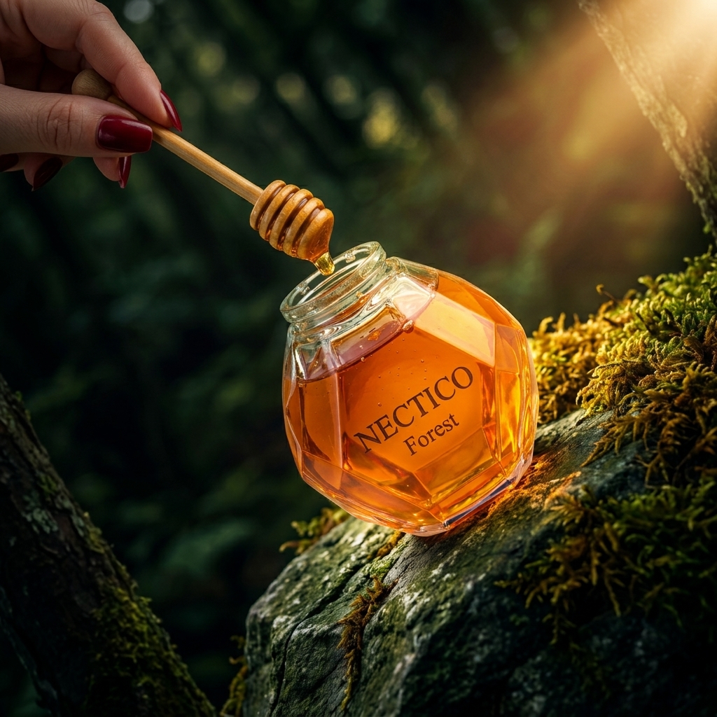 NECTICO Forest honey jar on mossy branch in sunlit forest