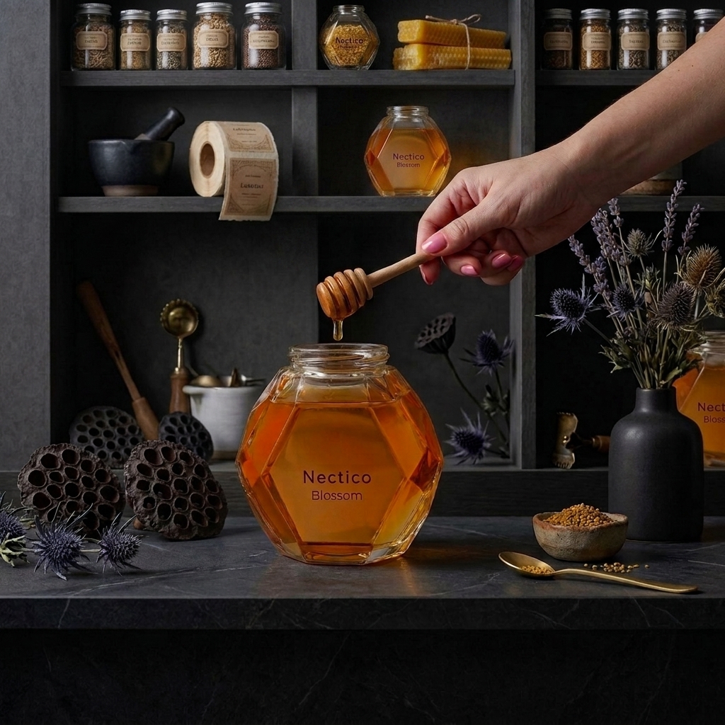 NECTICO Blossom honey jar with dipper on dark apothecary shelf