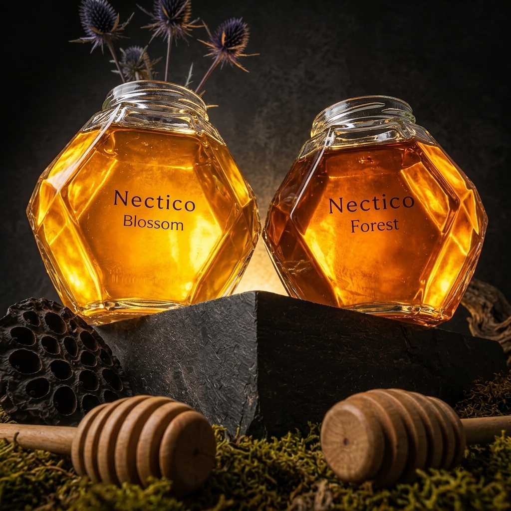NECTICO Duo - artisan Blossom and Forest honey jars glowing on dark stone with honey dippers, moss and lotus pod